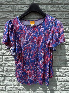 NWT Ruby Rd. Tropical Hawaiian Floral Ruffle Sleeve Top